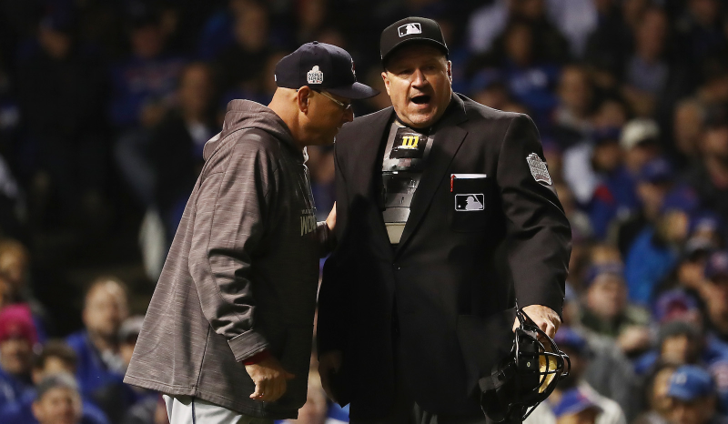 Cleveland manager Terry Francona speaks with home plate ump Tony Randazzo during Game 4. Image via Getty